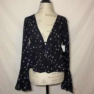 UO Black Patterned Tie/Button Open Long Sleeve Top